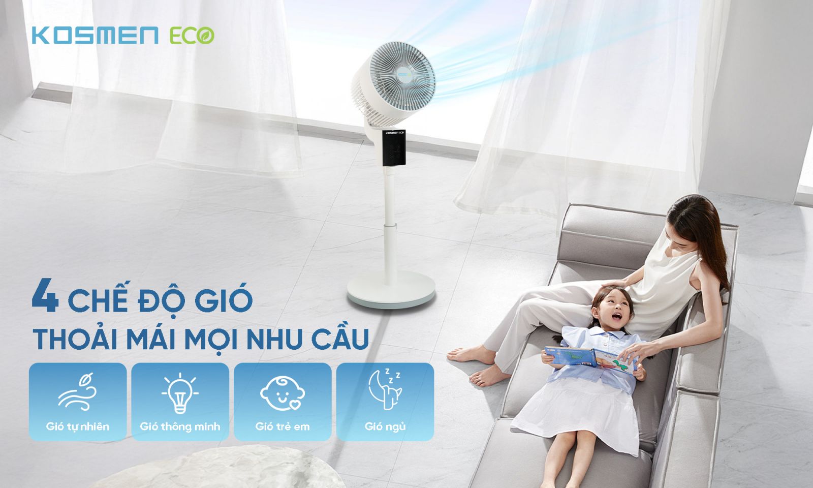 Quạt thông minh ECO-F40AI-W cho phép tùy chọn 4 chế độ gió thông minh