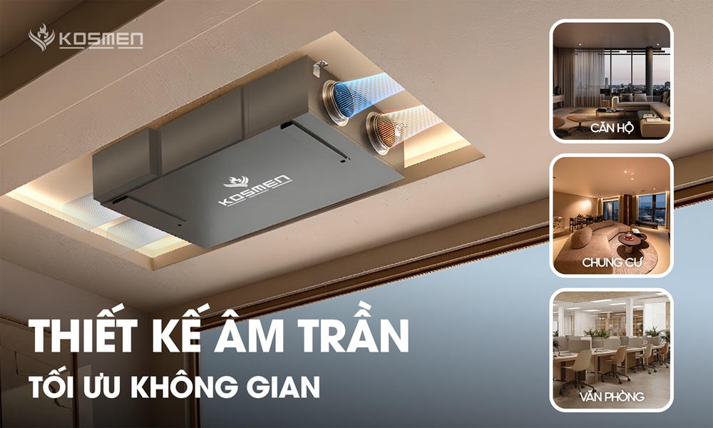 Máy cấp khi tươi và lọc không khí Kosmen KM-A300 Pro thiết kế âm trần mang lại cảm giác dễ chịu và tối ưu không gian.