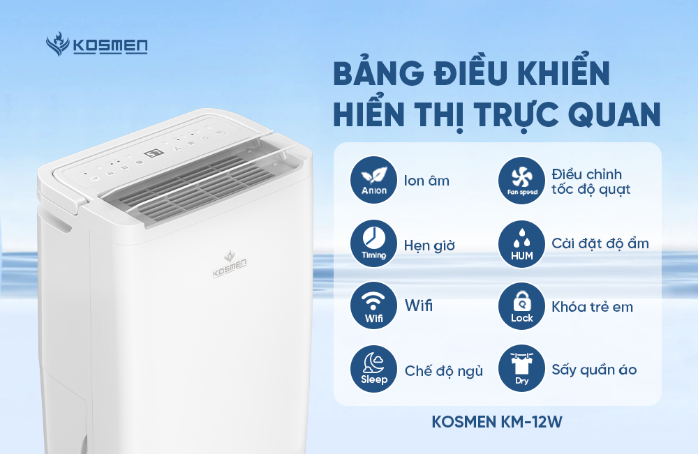 Bảng điều khiển của máy hút ẩm Kosmen KM-12W được thiết kế dễ nhìn, hiển thị trực quan
