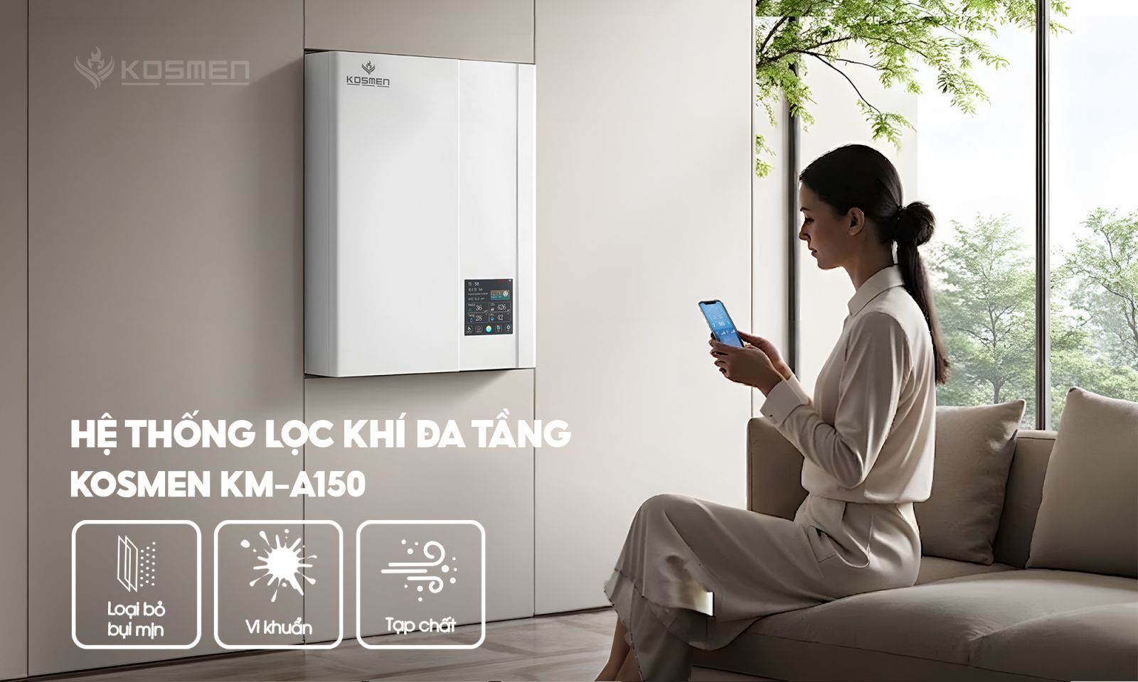 Máy cấp khí tươi và lọc không khí Kosmen KM-A150 thiết kế hệ thống lọc khí đa tầng hiệu quả