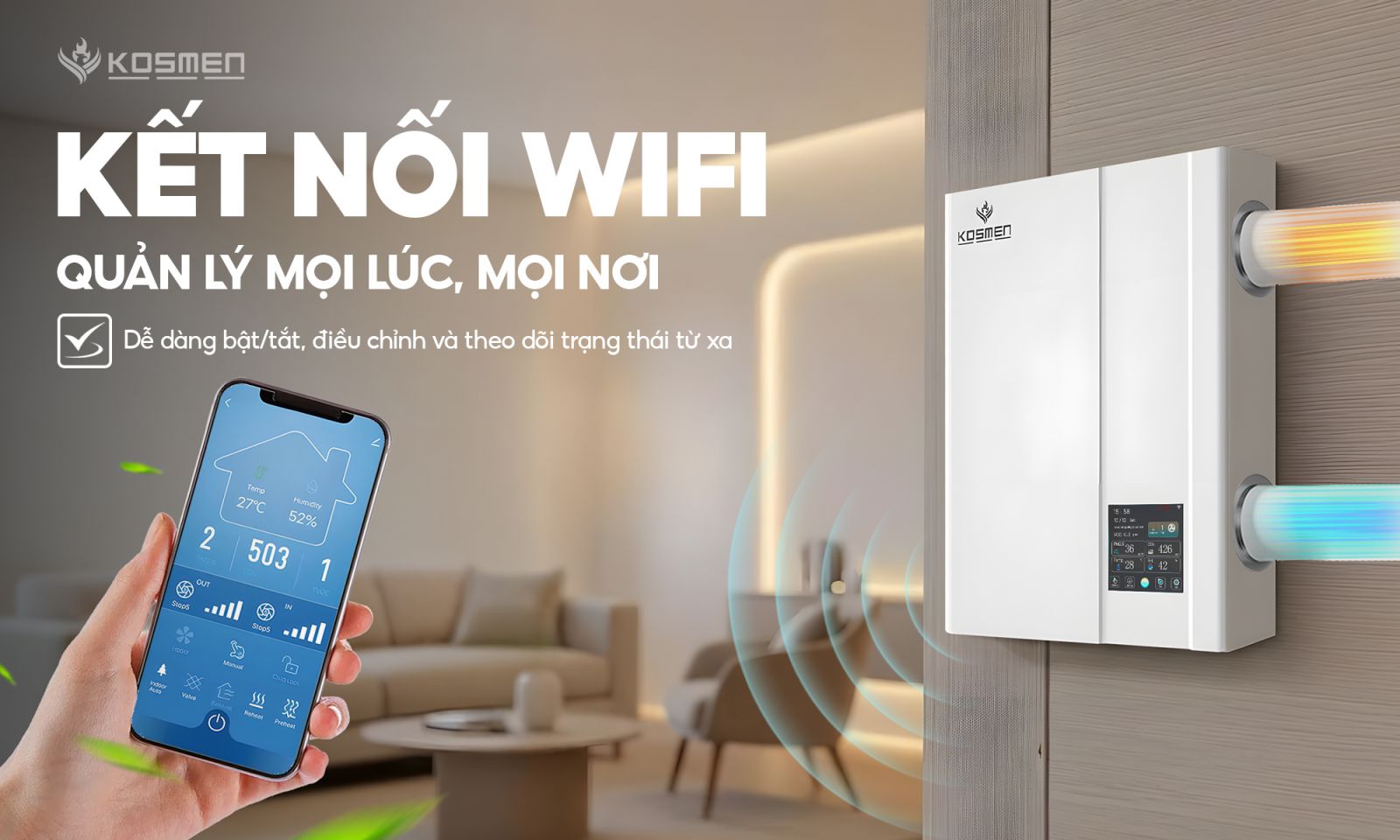 Máy cấp khí tươi và lọc không khí Kosmen-KM-A150 kết nối wifi điều khiển mọi lúc mọi nơi 