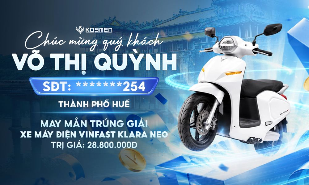 Kh&aacute;ch h&agrave;ng may mắn tr&uacute;ng Xe m&aacute;y điện Vinfast khi mua m&aacute;y h&uacute;t ẩm Kosmen