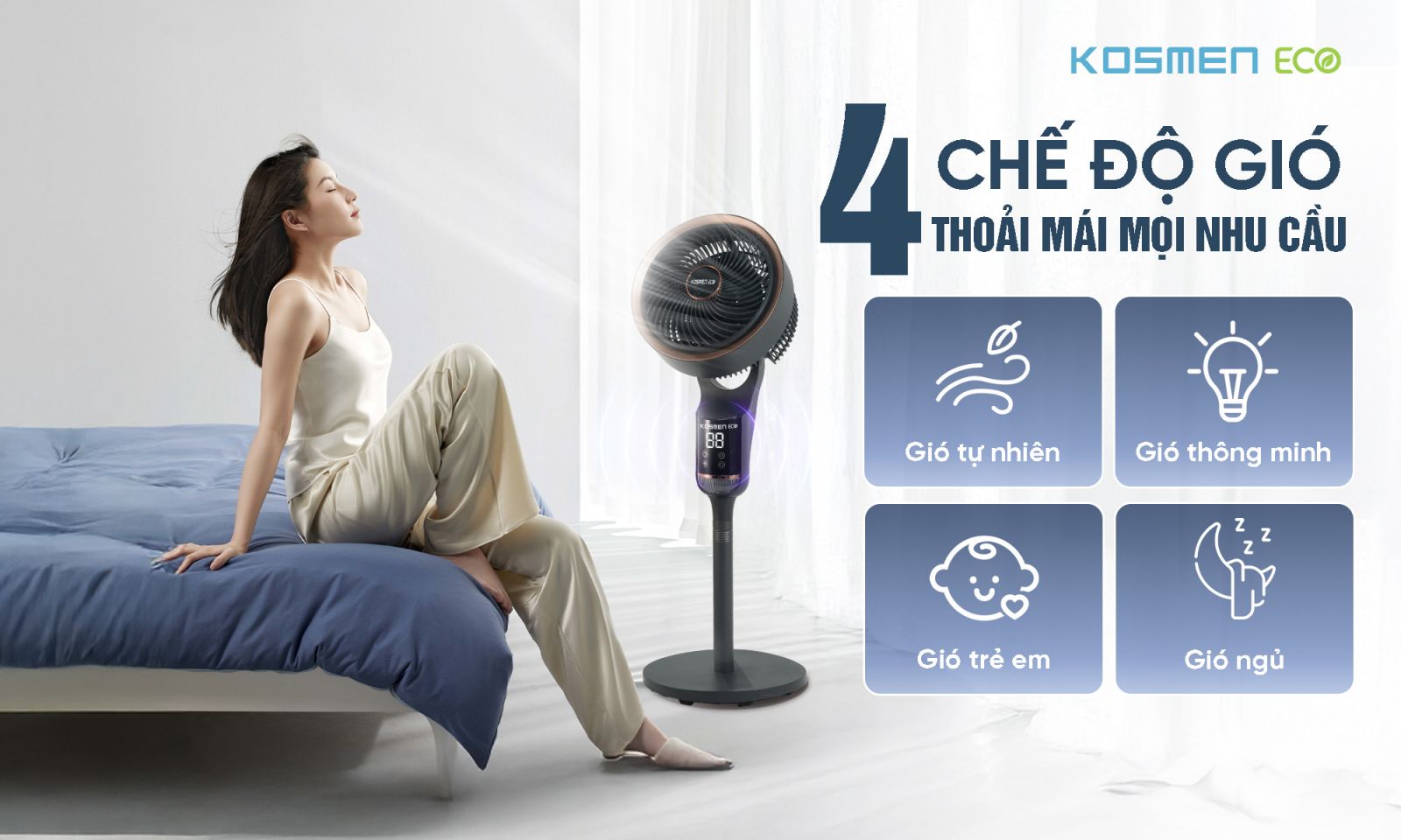 Quạt Thông Minh Kosmen Eco F40Al Thoải Mái Cho Mọi Nhu Cầu Với 4 Chế Độ Gió