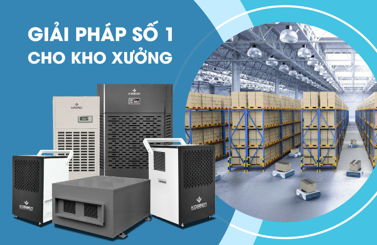 Lắp đặt m&aacute;y h&uacute;t ẩm Kosmen trong kho xưởng để bảo quản sản phẩm an to&agrave;n hơn