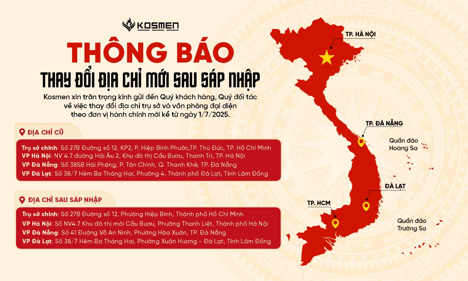 Kosmen cập nhật địa chỉ h&agrave;nh ch&iacute;nh mới