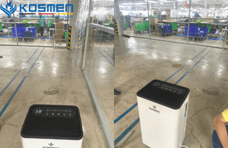 Lắp đặt thử máy hút ẩm Kosmen trong phân xưởng Công ty Pungkook Bến Tre