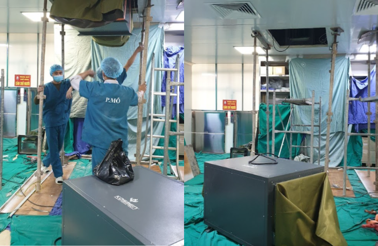 Lắp đặt m&aacute;y h&uacute;t ẩm treo trần Kosmen trong bệnh viện