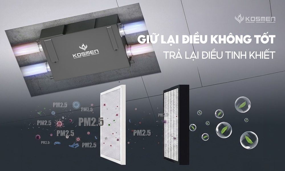 Máy cấp khi tươi và lọc không khí Kosmen KM-A300 Pro nâng cao chất lượng không khí đầu vào, phù hợp với những khu vực có mật độ bụi cao.