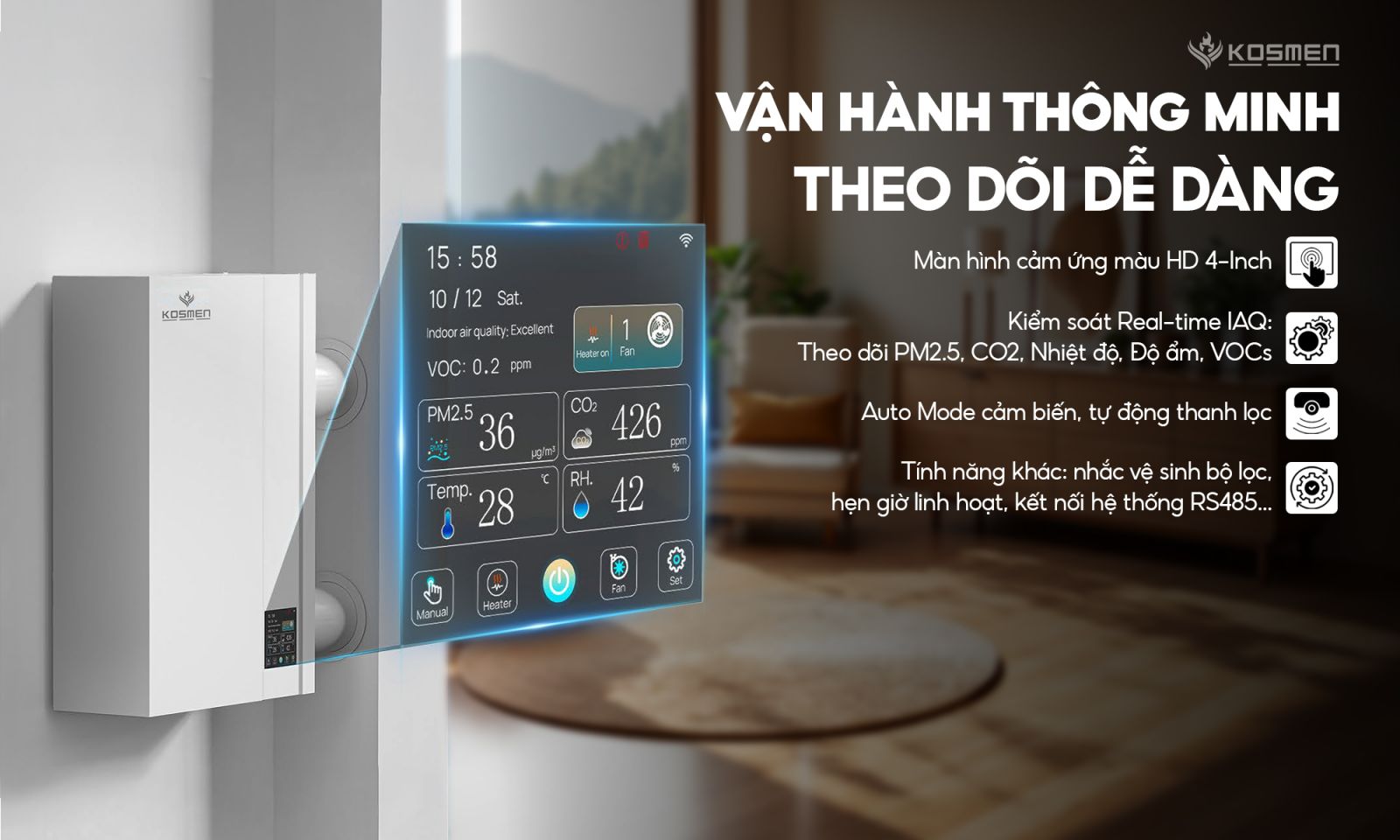 Máy cấp khí tươi và lọc không khí Kosmen-KM-A150 thiết kế màn hình thông minh theo dõi dễ dàng 