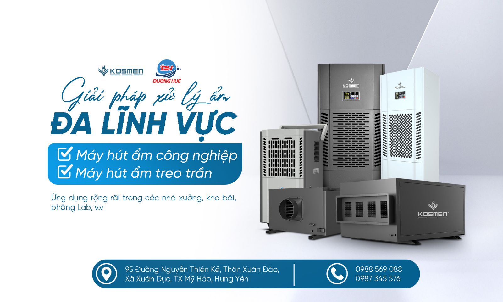 M&aacute;y h&uacute;t ẩm c&ocirc;ng nghiệp v&agrave; treo trần Kosmen được ứng dụng xử l&yacute; ẩm đa ng&agrave;nh nghề