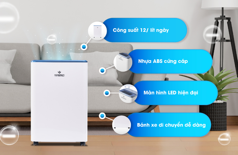 Máy hút ẩm loại nhỏ Kosmen KM-12N thiết kế nhỏ nhọn, công suất 12 lít / ngày