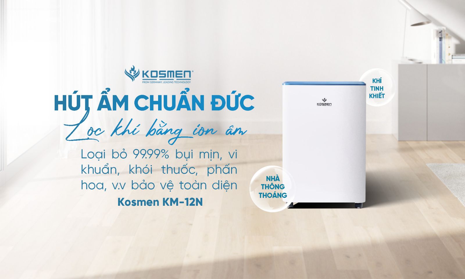 Máy hút ẩm Kosmen KM-12N hút ẩm chuẩn Đức, phù hợp cho không gian từ 10 - 40 m2