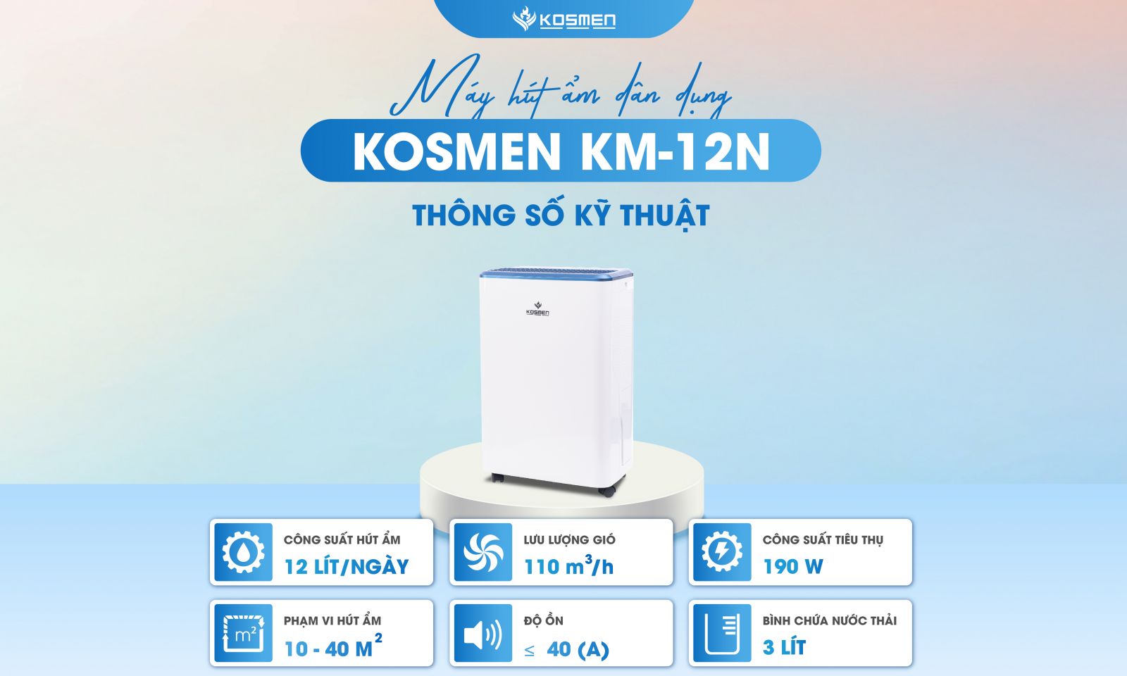 Máy hút ẩm Kosmen KM-12N kiểm soát ẩm đa không gian