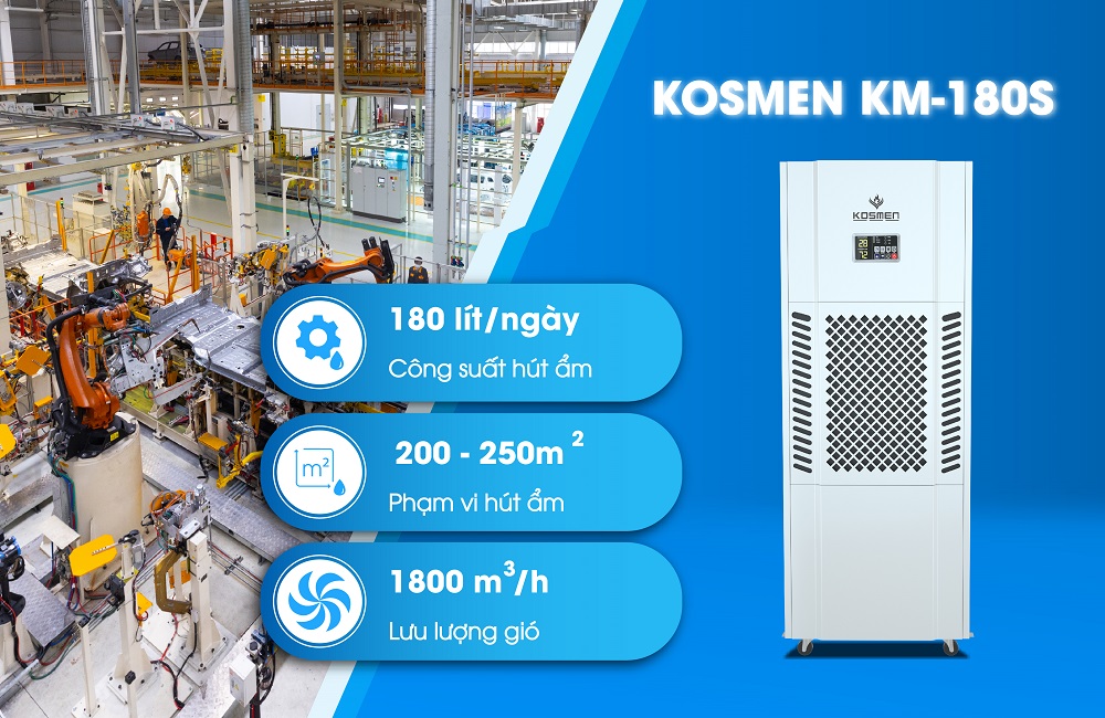 M&aacute;y h&uacute;t ẩm Kosmen KM - 180S ph&ugrave; hợp cho c&aacute;c kh&ocirc;ng gian nh&agrave; xưởng c&oacute; diện t&iacute;ch 200 - 250m2