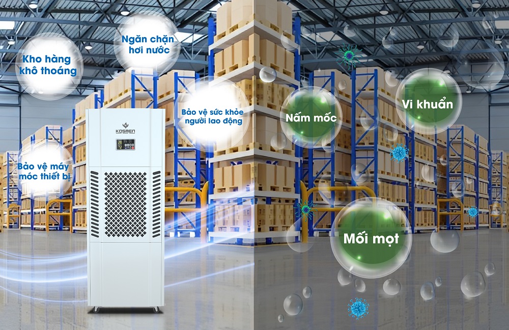 Máy hút ẩm Kosmen KM-180S kiểm soát ngăn ngừa ẩm mốc cho kho bảo quản, kho hàng hóa