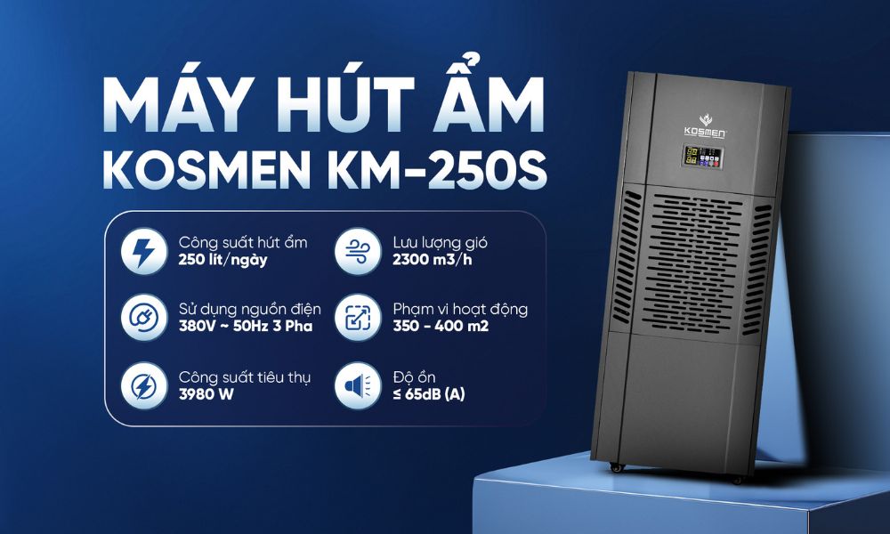 Kosmen KM-250S c&oacute; c&ocirc;ng suất h&uacute;t ẩm mạnh mẽ 250 l&iacute;t/ng&agrave;y 