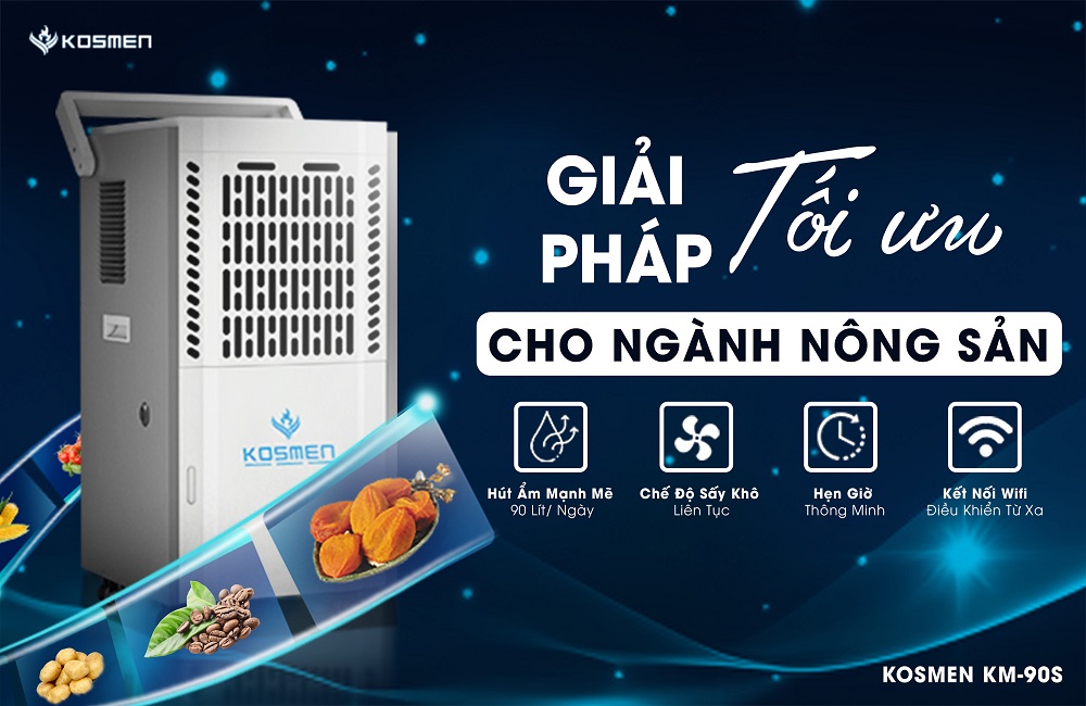 Máy hút ẩm Kosmen KM-90S, giải pháp sấy và kiểm soát độ ẩm tối ưu cho nông sản