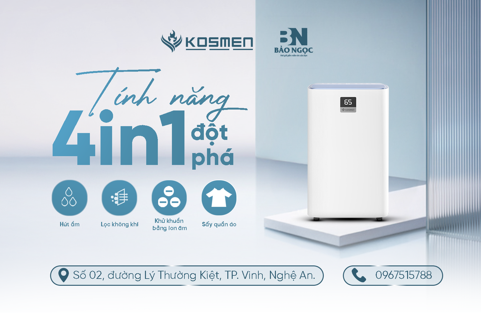 M&aacute;y h&uacute;t ẩm v&agrave; lọc kh&ocirc;ng kh&iacute; Kosmen - sản phẩm t&iacute;ch hợp 4in1 t&iacute;nh năng ưu việt