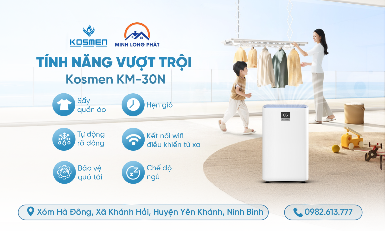 Long Minh Ph&aacute;t ph&acirc;n phối m&aacute;y h&uacute;t ẩm v&agrave; lọc kh&ocirc;ng kh&iacute; Kosmen KM-30N đa t&iacute;nh năng 
