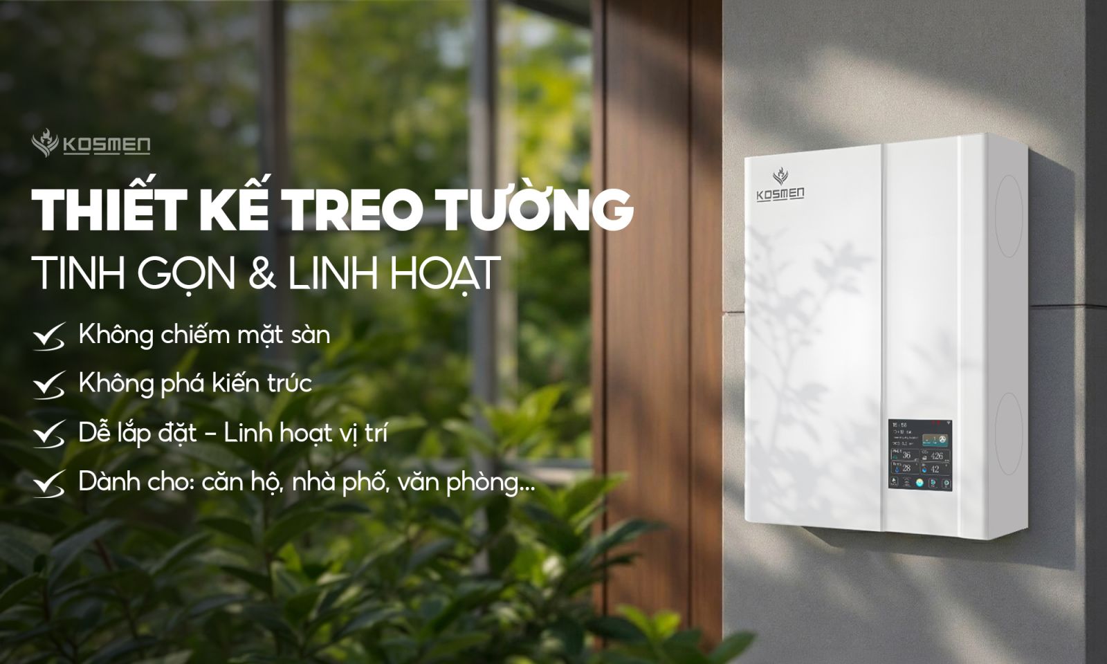 Máy cấp khí tươi và lọc không khí Kosmen KM-A150 sở hữu thiết kế treo tường tối ưu không gian sống