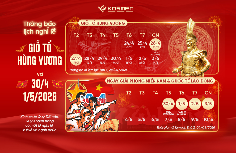 Kosmen th&ocirc;ng bảo lịch nghỉ c&aacute;c ng&agrave;y đại lễ Giỗ Tổ H&ugrave;ng Vương, 30/4 v&agrave; 1/5 năm 2026