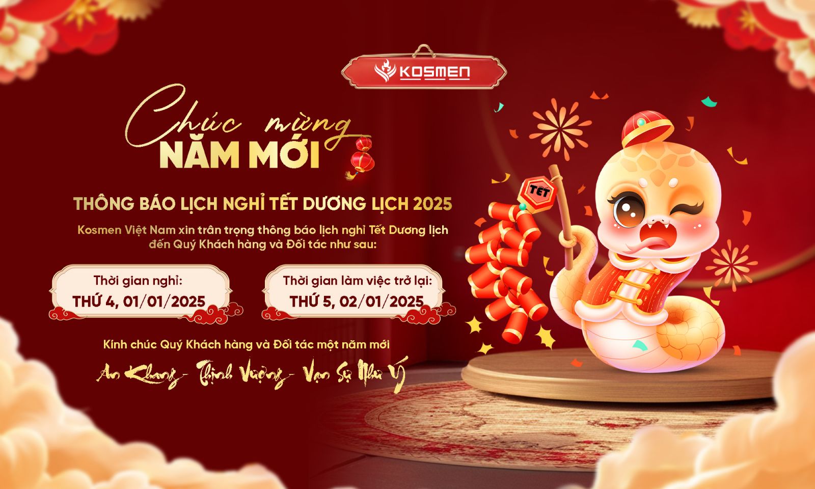 Kosmen th&ocirc;ng b&aacute;o lịch nghỉ tết dương lịch 2025.