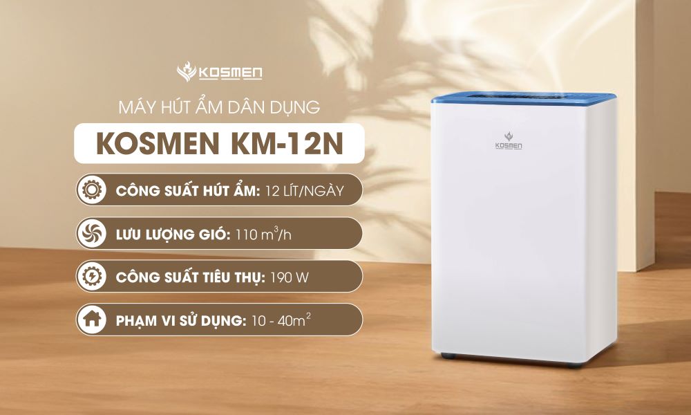 Máy hút ẩm Kosmen KM-12N thiết kế nhỏ gọn, sang trọng