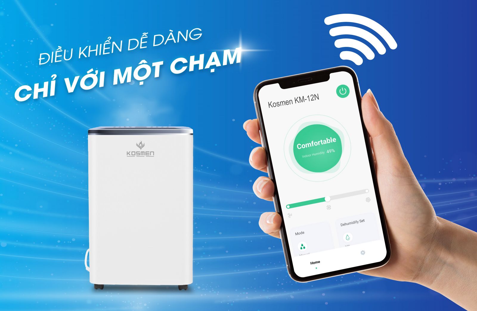 Máy hút ẩm Kosmen KM-12N kết nối wifi, điều khiển vận hành từ xa tiện lợi