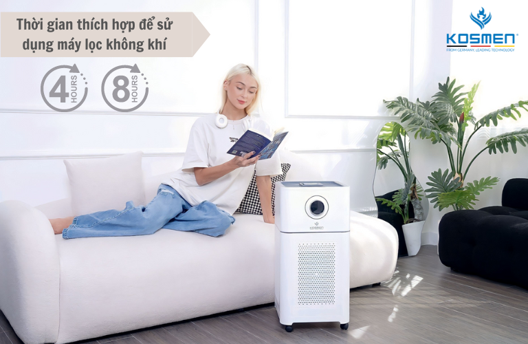 Thời gian th&iacute;ch hợp để sử dụng m&aacute;y lọc kh&ocirc;ng kh&iacute; l&agrave; 4 giờ v&agrave; tối đa 8 giờ/ng&agrave;y