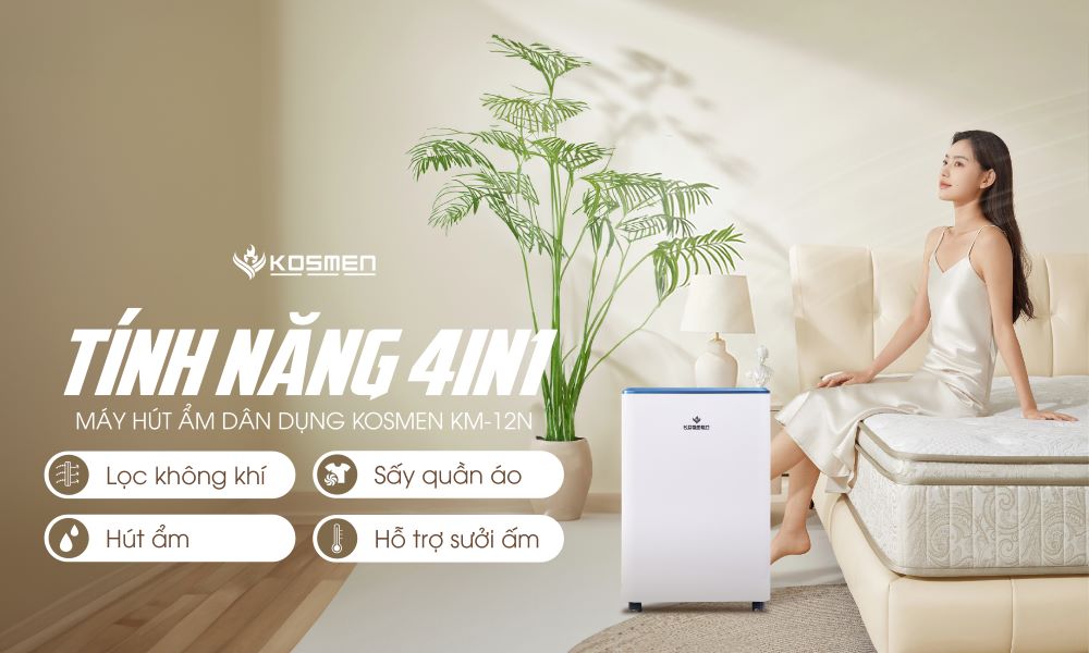 M&aacute;y h&uacute;t ẩm Kosmen KM-12N t&iacute;ch hợp đa chức năng, kiểm so&aacute;t ẩm tốt