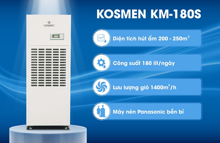 Máy hút ẩm Kosmen KM-180S thiết kế hiện đại với màu trắng tinh tế, sang trọng